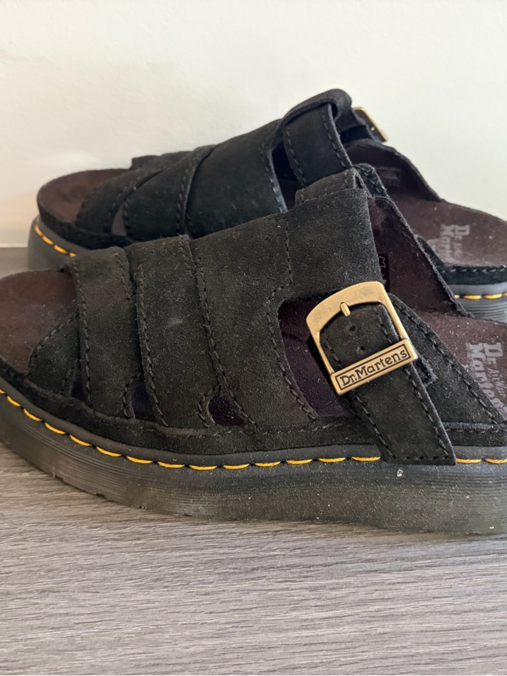 Dr. Martens Maxxy Slide Black Suede Buckle Slide Sandals with Yellow Stitching